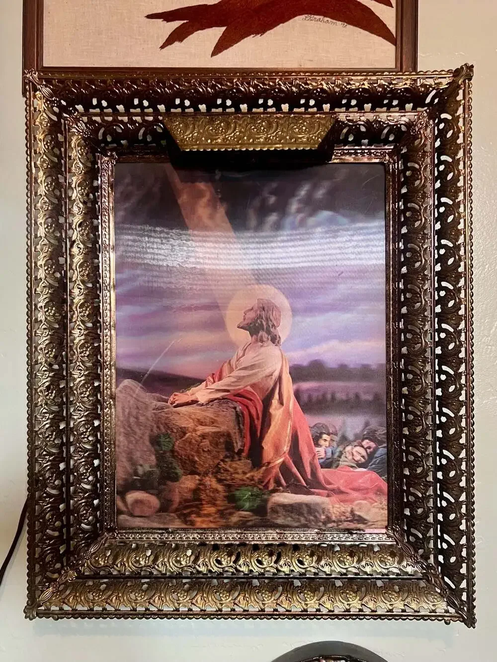 Vintage Lenticular Holographic Jesus Praying in the Garden of Gethsemane Gold Fi